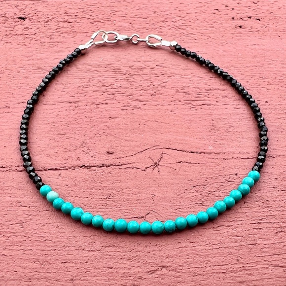 Natural Black Spinel Teal Turquoise Bracelet Handcrafted in Solid 14k White Gold - Picture 4 of 6